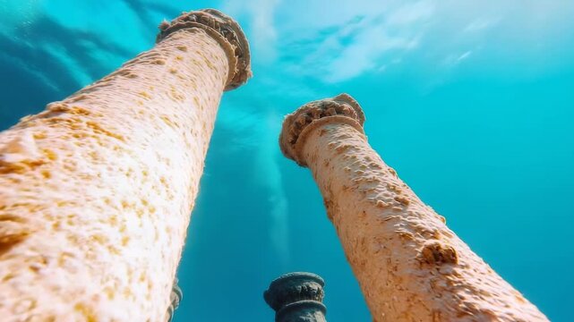 Majestic underwater columns amidst vibrant marine life in crystal blue waters