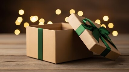 An open kraft paper gift box with a deep green ribbon bow on a rustic wooden table, surrounded by warm bokeh lights for a festive occasion
