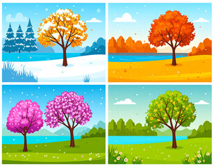 Poster set of four seasons. Winter fall summer spring. Nature scenery landscape. Tree