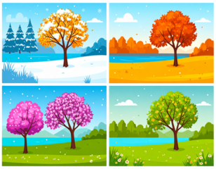 Poster set of four seasons. Winter fall summer spring. Nature scenery landscape. Tree