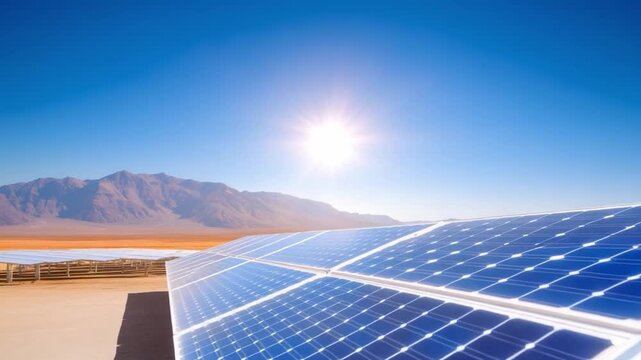 Solar Energy and Landscape: A modern solar panel array in the foreground against a vast desert landscape with bright sunlight and a clear blue sky, symbolizing the promise of renewable energy.