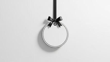 Elegant blank white circular tag with black ribbon and bow on a clean white background, perfect for custom text or logo