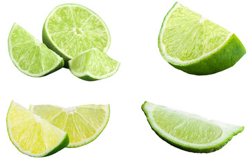 Whole and sliced limes, Sour green fruit isolated on on a white background