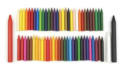 Colorful wax crayons arranged for artistic creativity education and childhood learning isolated on white background