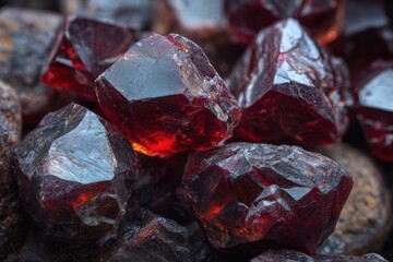 Red gemstones sit among dark stones, reflecting light and showcasing their color in a natural environment