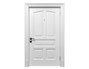 A frontal view of a white interior door on a black background