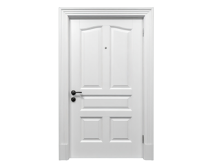 A frontal view of a white interior door on a black background