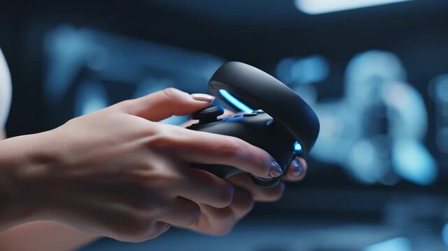 Hands holding a glowing gaming controller