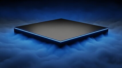Futuristic dark square display platform with glowing blue neon edges emerging from mystic blue smoke, ideal for product showcase