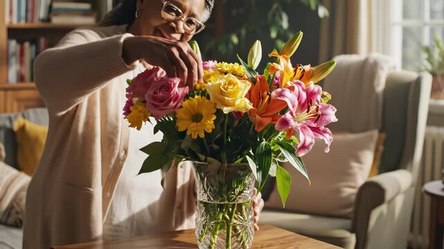 Woman arranging colorful flowers in vase