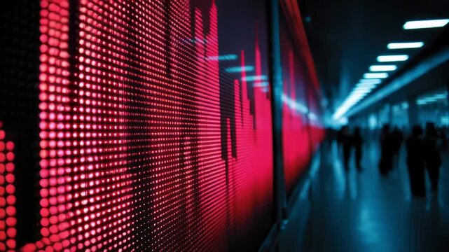 Abstract digital art showcasing a vibrant red equalizer graphic against a blurred background of a modern corridor with illuminated lights and indistinct figures walking in the distance