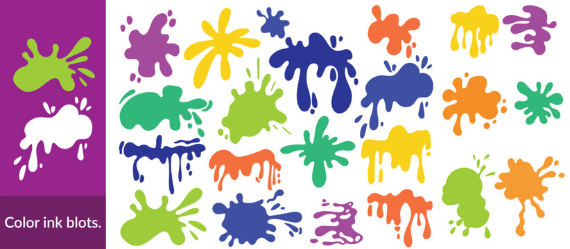 Colour ink blots. Colourful paint splatters and drips in organic splashes. Bright, playful, bold abstract graffiti spots for kids art blobs, comics, pop art design. Vector isolated set