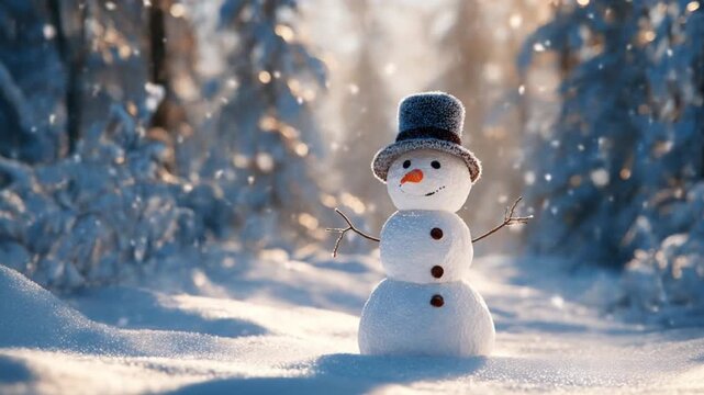 Snowman with top hat and coal eyes stands in a sunlit snow-dusted forest clearing. Snowy woods glow