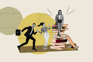 Creative pop poster sketch art collage of happy student girl guy do homework book stack education...