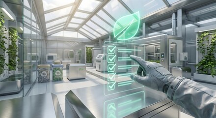 Sustainable technology interface in modern greenhouse, eco-friendly data analysis and environmental monitoring concept.