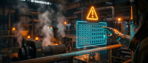 Industrial control system interface with warning sign, factory automation, digital transformation, and worker safety concept.