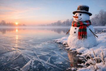 Snowman With Scarf And Hat Beside Frozen Pond At Sunrise In Misty Winter Landscape