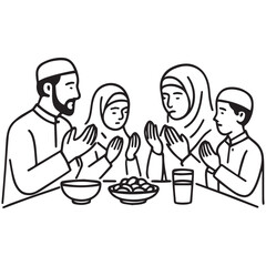 Black-and-white line drawing of a family of four seated at a table, raising their hands in prayer before a meal, symbolizing Islamic tradition, unity, and spiritual observance during Ramadan.