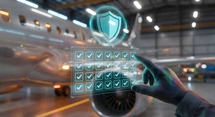 Aviation safety check list with shield icon, secure air travel concept in hangar environment.