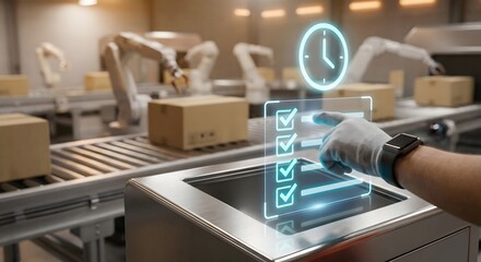 Automated factory with robotic arms, quality control, and time management interface for logistics efficiency.