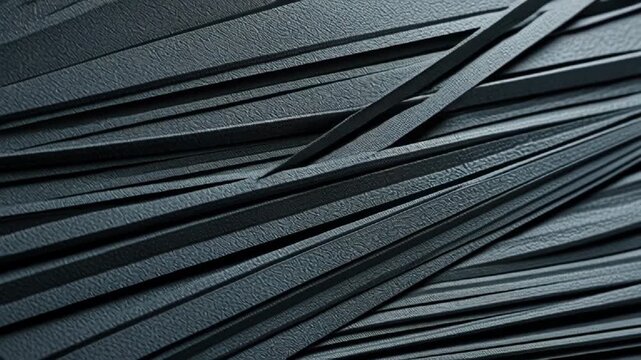 Abstract close-up showcasing a textured black fabric with layered pleats creating dynamic linear patterns and shadows ideal for backgrounds or design elements emphasizing luxury and modern aesthetics