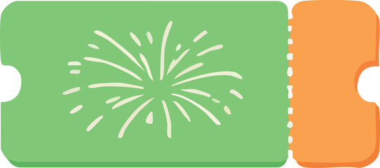 A flat pastel illustration of a green event ticket featuring a simple fireworks burst icon and a perforated detachable stub on the side.