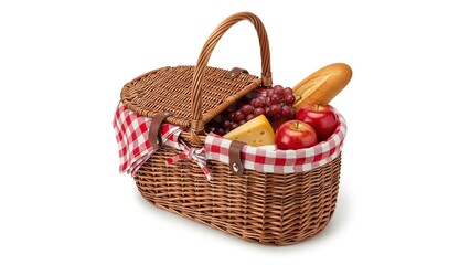 Wicker picnic basket with fresh healthy food ideal for an enjoyable outdoor summer isolated on white background
