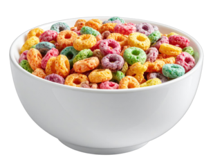 Close-up of a white bowl filled to the brim with colorful, ring-shaped breakfast cereal