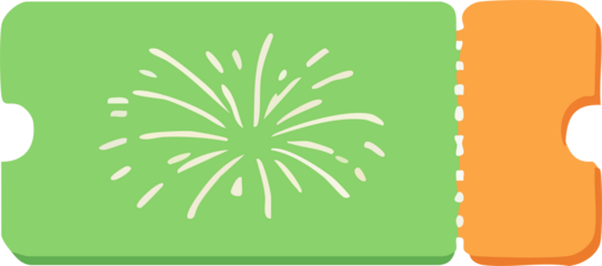 A flat pastel illustration of a green event ticket featuring a simple fireworks burst icon and a perforated detachable stub on the side.
