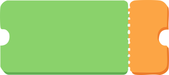 A flat pastel illustration of a blank green event ticket with a perforated orange detachable stub and rounded edges, designed as a simple template.