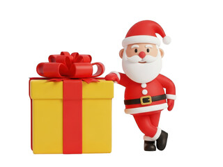 A cheerful cartoon santa claus character running with a large yellow gift box on a transparent background with a red bow
