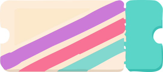 A flat pastel illustration of a colorful abstract event ticket featuring diagonal rainbow-style stripes and a detachable perforated stub on the side.