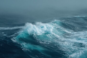 Waves hit the shore while fog surrounds the area and creates a mist over the water during the morning