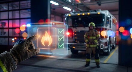 Firefighter using digital interface with safety checklist near fire truck in station, emergency response.