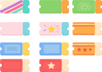 A flat illustration set showing assorted colorful event tickets with different decorative designs, neatly arranged