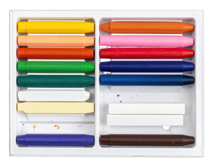 A top-down shot of a rectangular tray filled with colorful, hexagonal and rectangular painting supplies