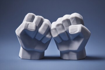 Two fist sculptures made from white material are side by side against a blue backdrop in an art studio
