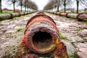 Old and rusty pipes stretch along a cobblestone path with trees on both sides in an outdoor setting