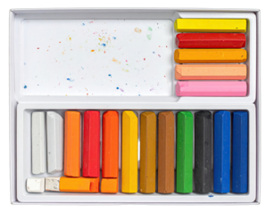 Open white box filled with vibrant, rectangular, multicolored art pastels, a top-down view