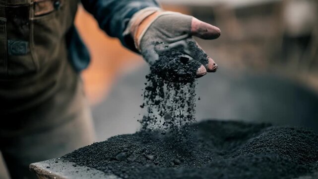Medium shot capturing the process of mixing infused biochar with compost showcasing an innovative soil amendment method for healthier plant growth