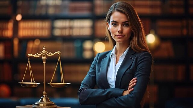 A woman in a suit standing next to a scale of justice