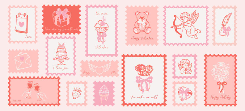 Hand drawn post stamps Valentine day in doodle sketch art. Holiday romantic stickers for poster, placard or postcard prints. Vector.