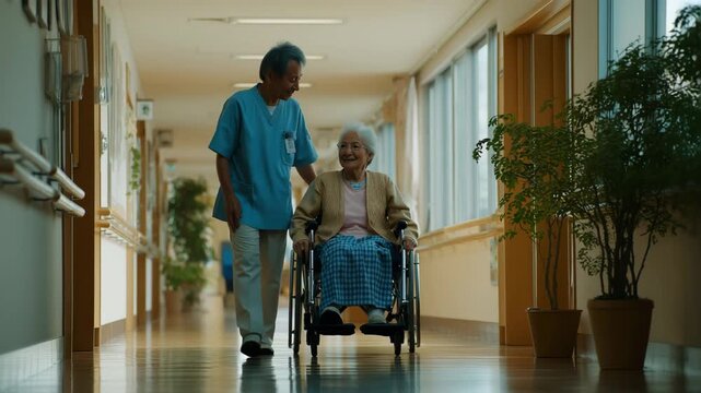 男性が廊下で車椅子を押して優しく見守る場面