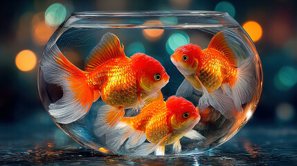 Three colorful goldfish swimming in a round glass bowl with a blurred background.