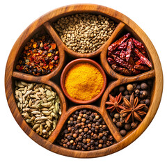 Round Spice Box with Assorted Ingredients isolated on transparent background 
