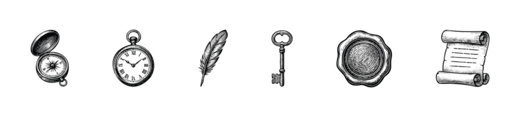 Hand drawn collection of vintage engraved objects including historical symbols, a compass, pocket watch, quill, key, wax seal, and scroll for themed projects.