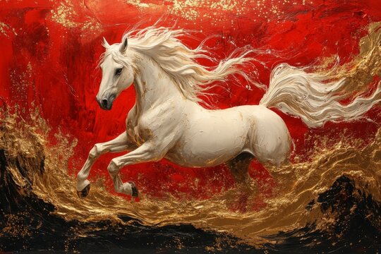 2026 Chinese New Year golden Horse. Elegant golden ornaments gold and red color background. Good Luck and Auspiciousness zodiac. Year of the Horse.