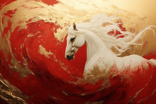 2026 Chinese New Year golden Horse. Elegant golden ornaments gold and red color background. Good Luck and Auspiciousness zodiac. Year of the Horse.