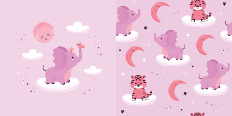 Children's background and seamless pattern for decorating children's rooms, bedding, wrapping paper, and more with cute animals. Vector design in delicate colors.