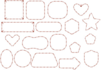 Soft rose gold stitched outline shapes and decorative icons set. Delicate handmade borders with hearts, stars, arrows and badges. Elegant pastel elements for crafts, labels and modern graphic design.